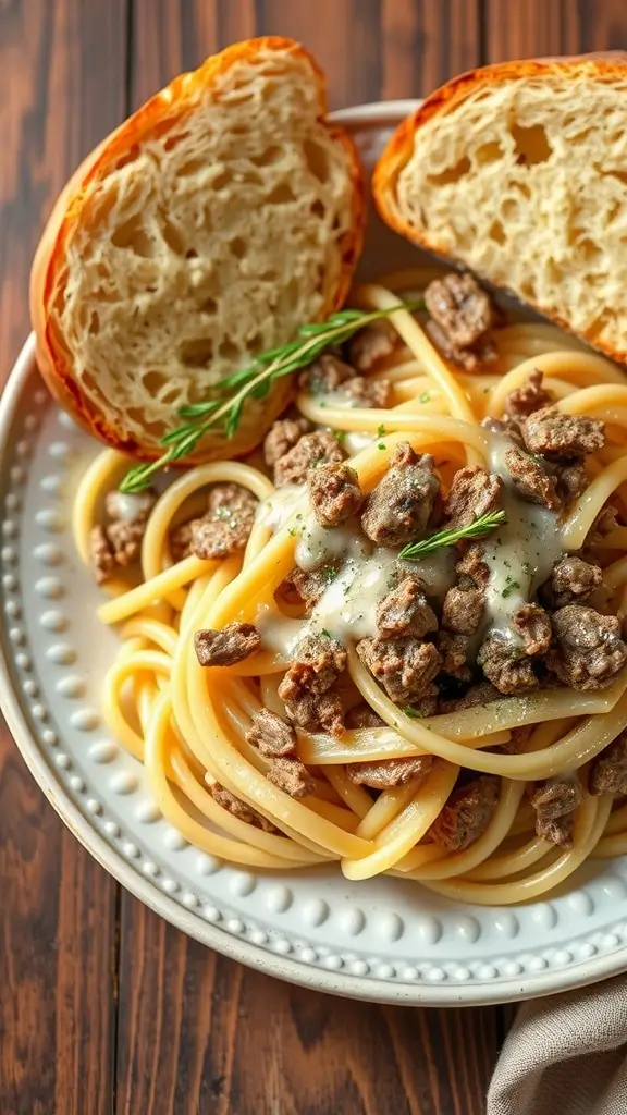 A plate of creamy garlic butter beef alfredo pasta with a slice of bread on the side.