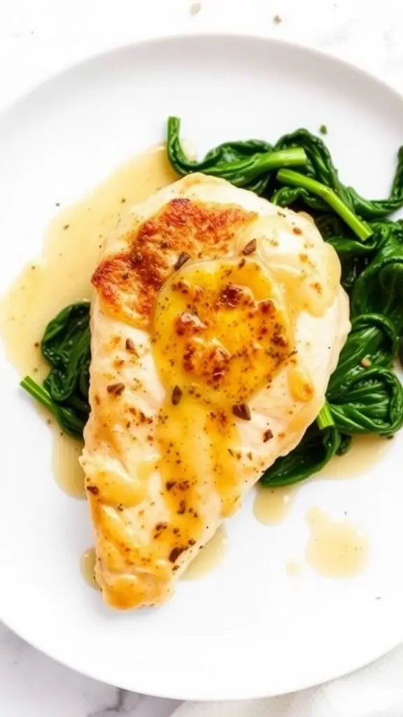 A plate of Garlic Butter Chicken with Spinach seasoned and garnished.