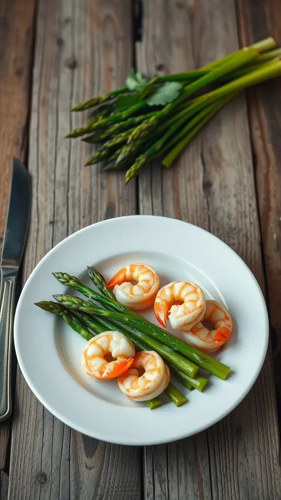Plate of garlic butter shrimp and asparagus