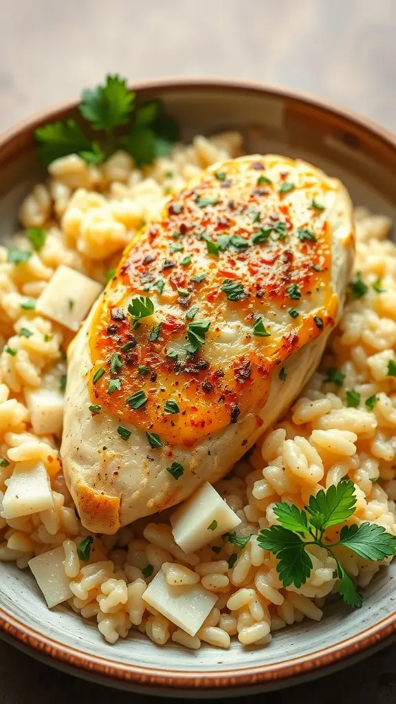 A delicious plate of garlic parmesan chicken served over creamy risotto, garnished with parsley.