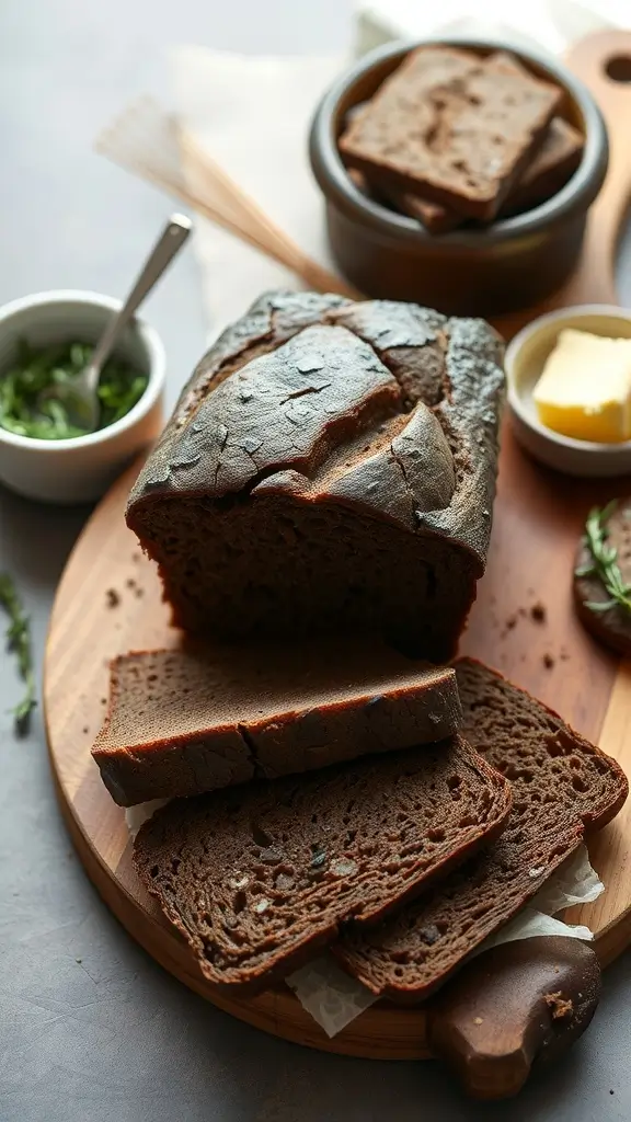 A freshly baked loaf of German pumpernickel bread sliced and served with butter and herbs.