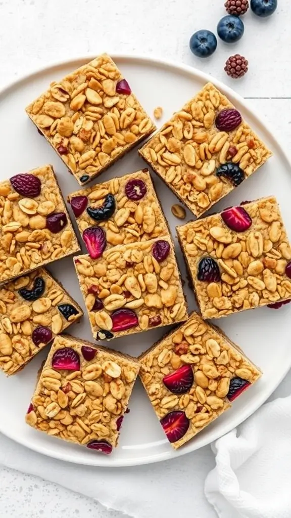 Granola bars with dried fruits arranged on a plate