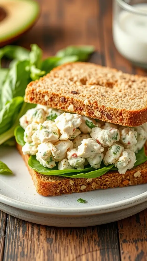 Greek Yogurt Chicken Salad Sandwich on whole grain bread with leafy greens