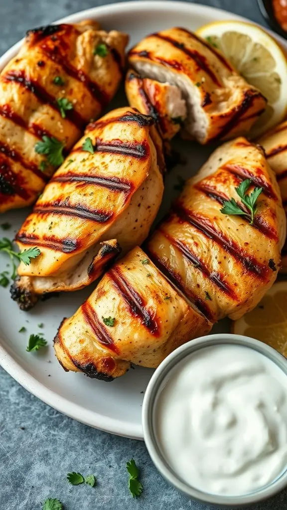 Grilled Greek Yogurt Marinated Chicken with herbs and lemon slices on a plate.