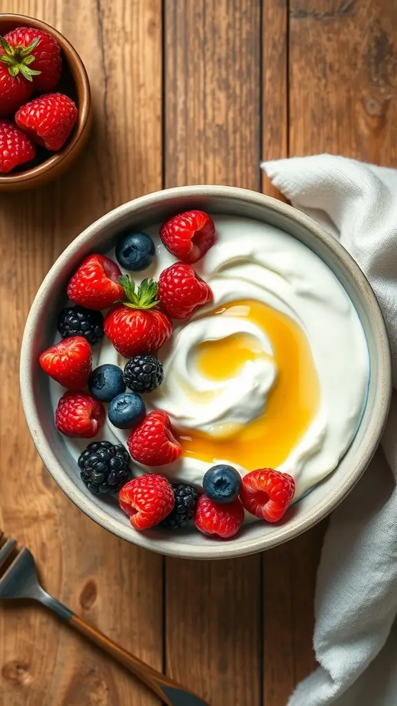 A bowl of Greek yogurt topped with mixed berries and a drizzle of honey.