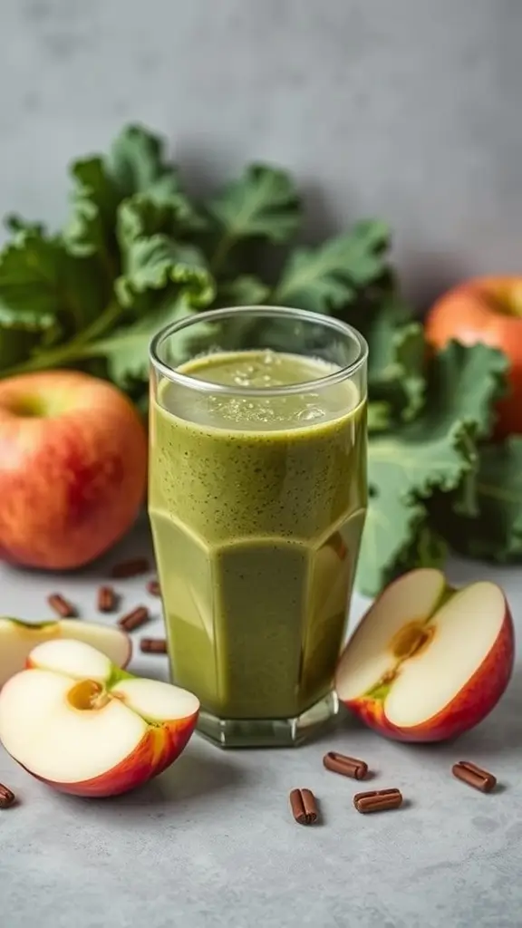 A green smoothie made with kale, apple, and protein powder, garnished with fresh ingredients.