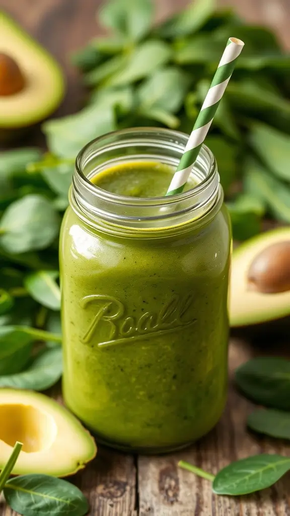 Green spinach and avocado smoothie in a mason jar