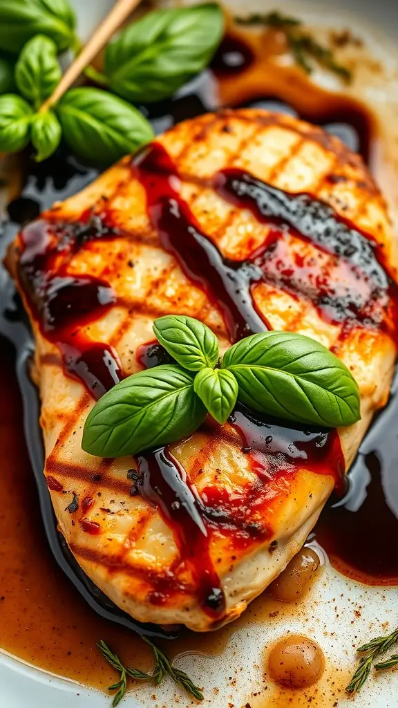 Delicious grilled chicken breast drizzled with balsamic reduction and garnished with fresh basil.
