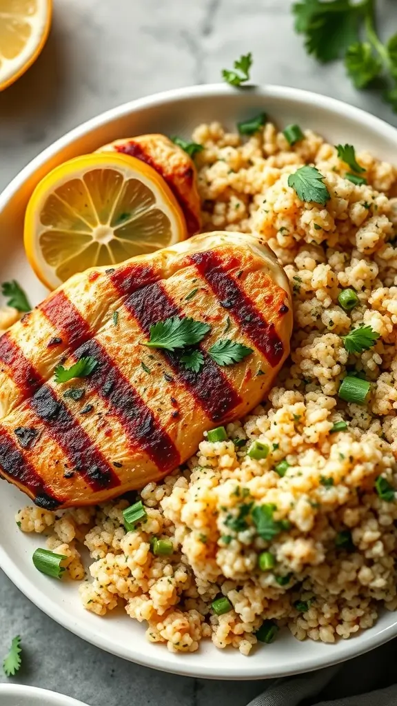 A plate of grilled lemon herb chicken served with fluffy quinoa and garnished with herbs.