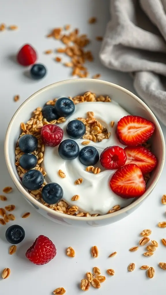 A bowl of hemp seed granola topped with plant-based yogurt and fresh berries.