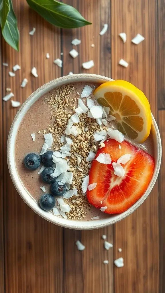 A delicious hemp seed smoothie bowl topped with fresh berries and coconut flakes.