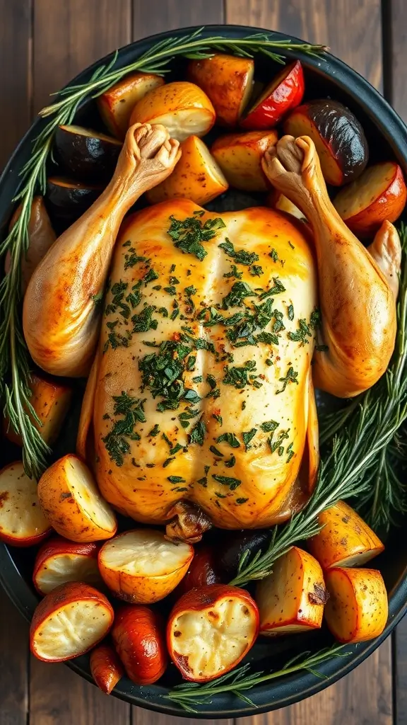 Herb-butter roasted chicken with vegetables.
