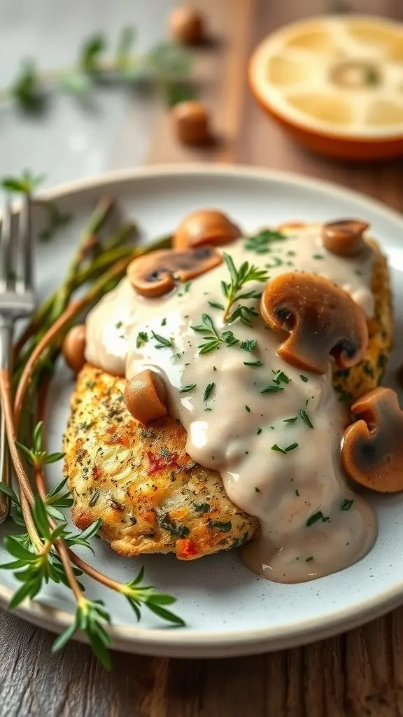 A beautifully plated herb-crusted chicken breast topped with creamy mushroom sauce and garnished with fresh herbs.