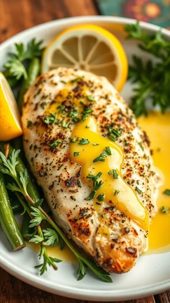 Delicious herb-crusted chicken breast topped with lemon butter sauce and garnished with parsley.