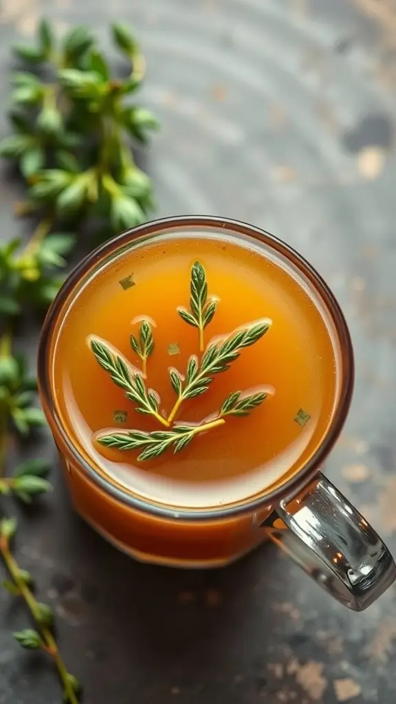 A warm cup of herbed chicken bone broth garnished with herbs.