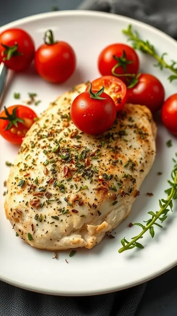 A plate of herbed chicken breast with roasted cherry tomatoes garnished with fresh herbs.