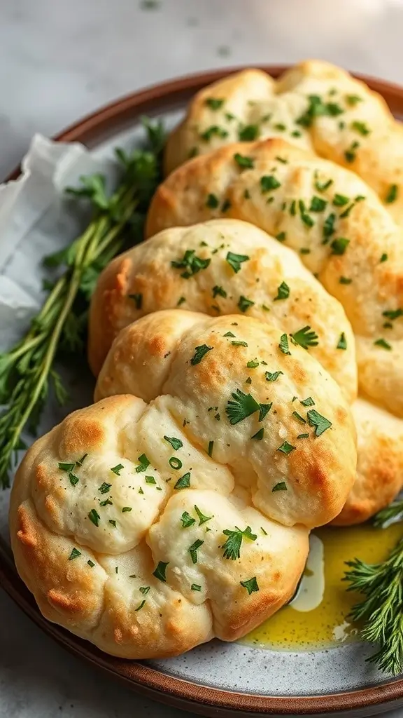 A fluffy loaf of herbed cloud bread topped with fresh herbs, sitting in a pool of olive oil.