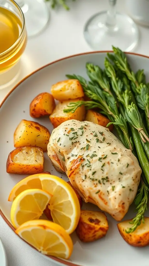 A plate of Herbed Lemon Chicken and Potatoes with green beans, garnished with parsley.