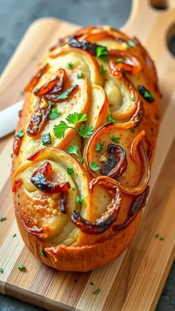 A loaf of herbed onion bread with a crispy crust filled with caramelized onions and herbs.