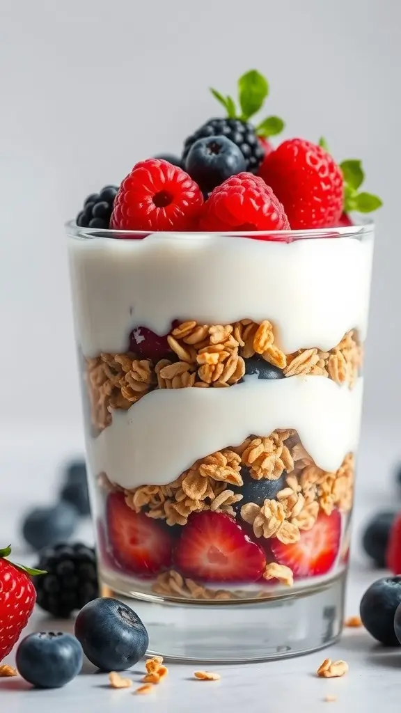 A high-protein breakfast parfait with layers of yogurt, granola, and fresh berries in a clear glass.