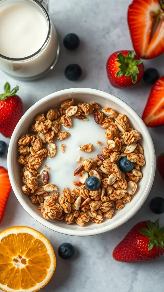 A bowl of granola with milk, surrounded by fresh fruit.