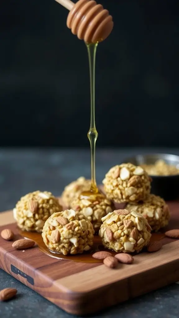 Delicious honey almond crunch bites on a wooden plate, garnished with almonds and honey.