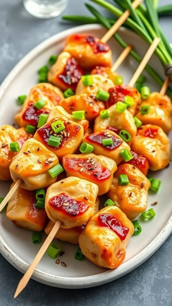 Plate of honey garlic chicken breast skewers garnished with green onions