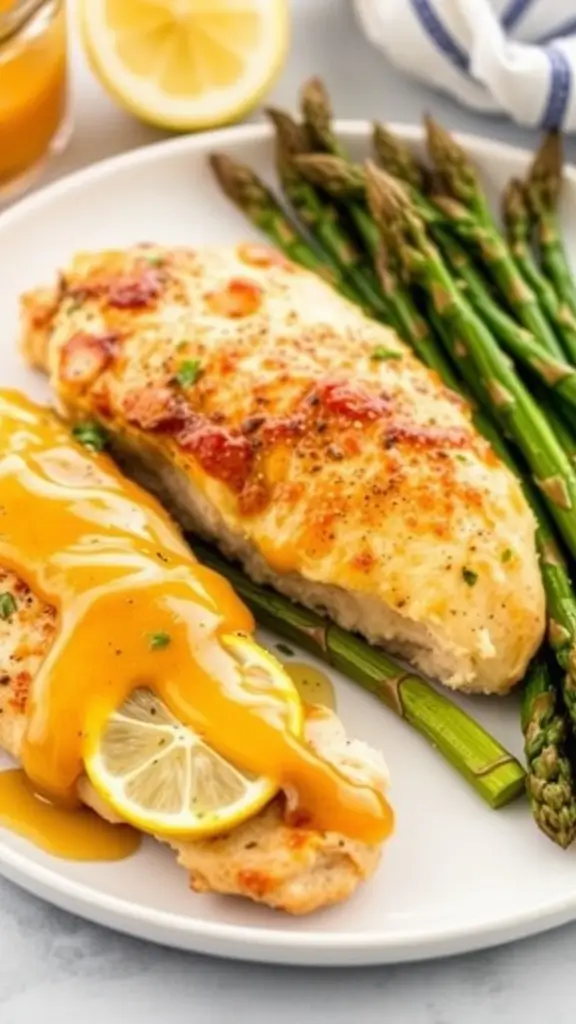 Honey mustard chicken served with roasted asparagus on a white plate.