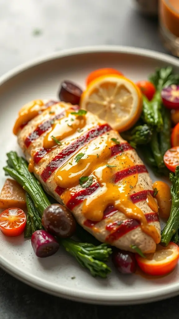 Honey mustard chicken served with vibrant seasonal vegetables on a plate.
