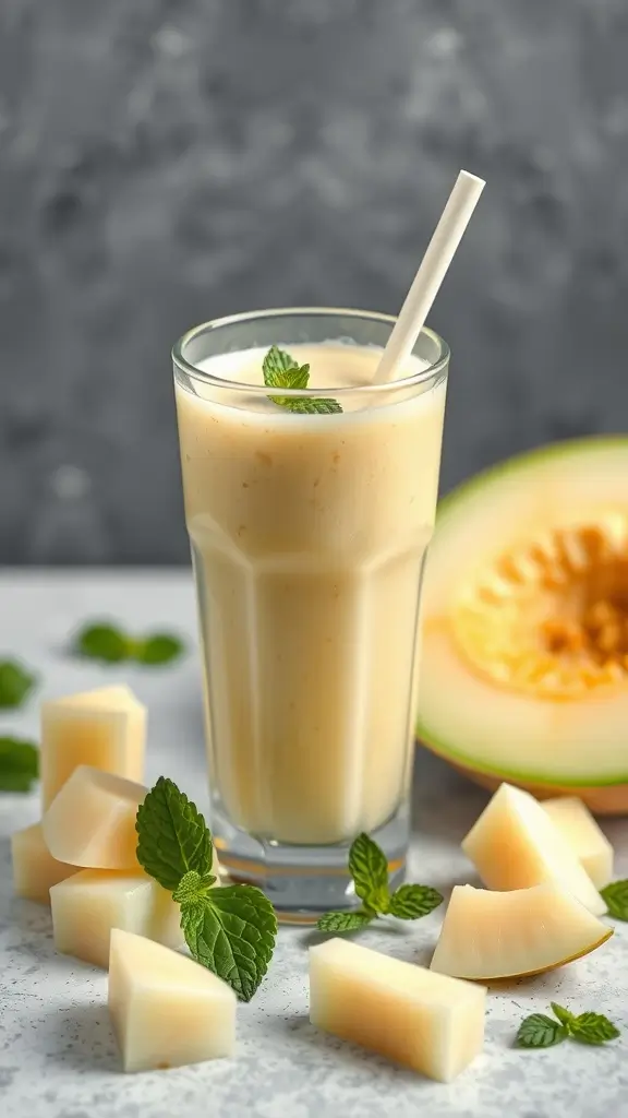 A refreshing honeydew melon protein smoothie garnished with mint leaves.