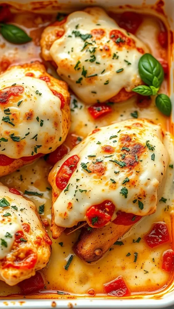 Baked Italian chicken breasts topped with marinara sauce and melted cheese, garnished with herbs.