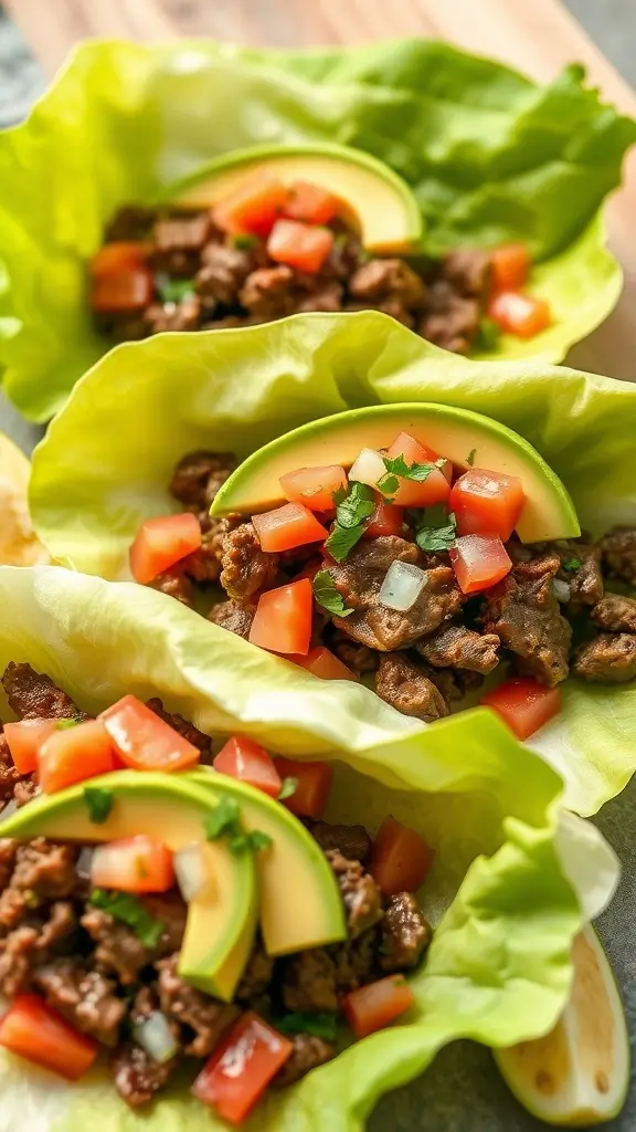 Keto beef tacos in lettuce wraps with toppings