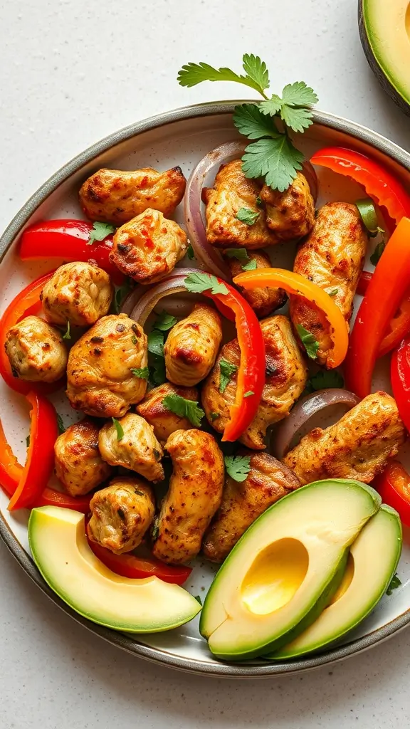 A plate of delicious keto chicken fajitas with colorful bell peppers and avocado slices.