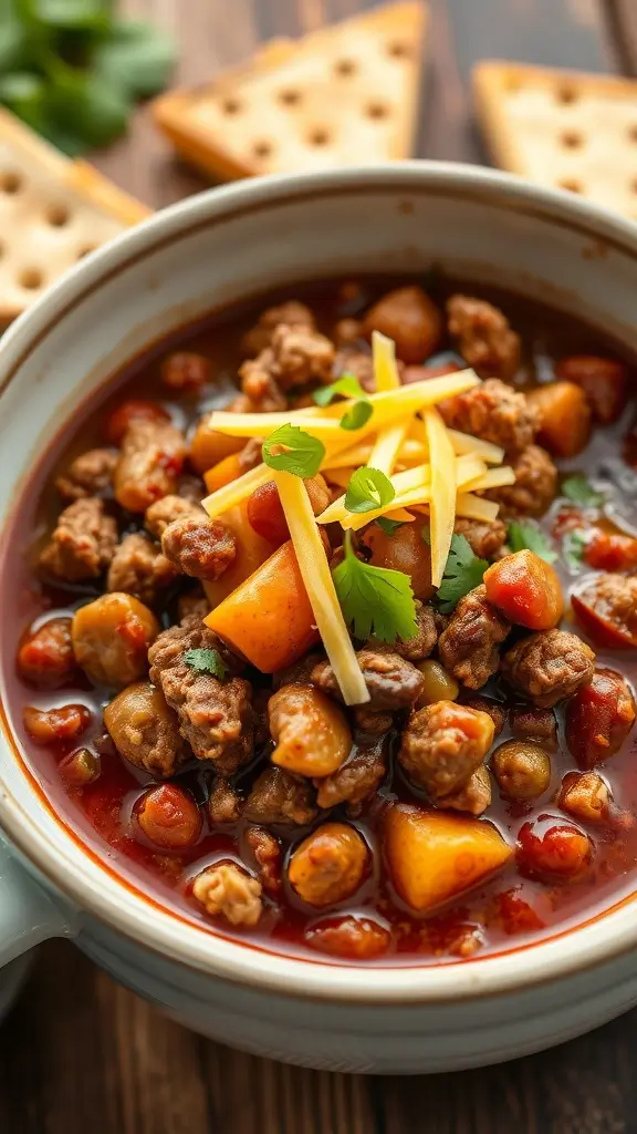 A bowl of keto chili with ground beef topped with cheese.