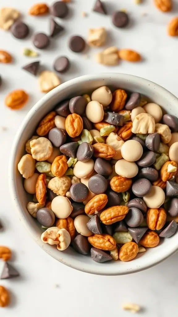 Bowl of keto-friendly trail mix with nuts, seeds, and sugar-free chocolate