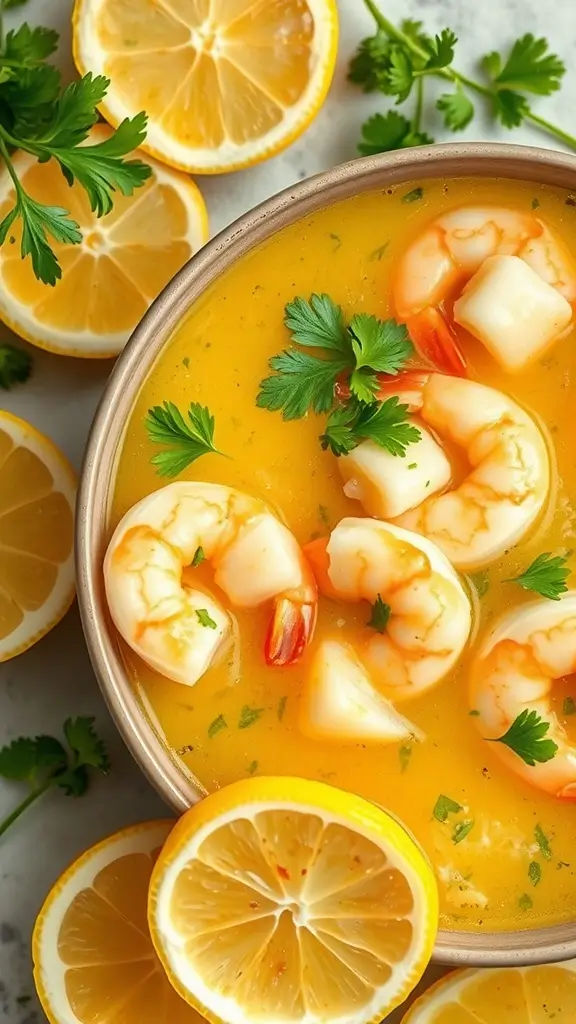 A bowl of lemon garlic butter soup with shrimp garnished with parsley and lemon slices