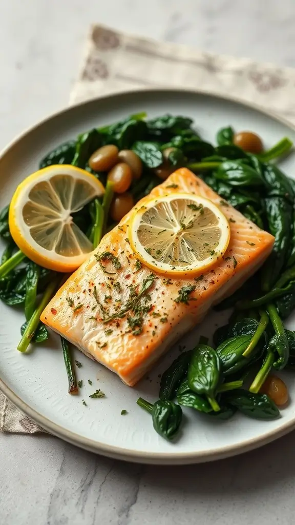 A delicious plate of lemon garlic salmon served with fresh spinach.
