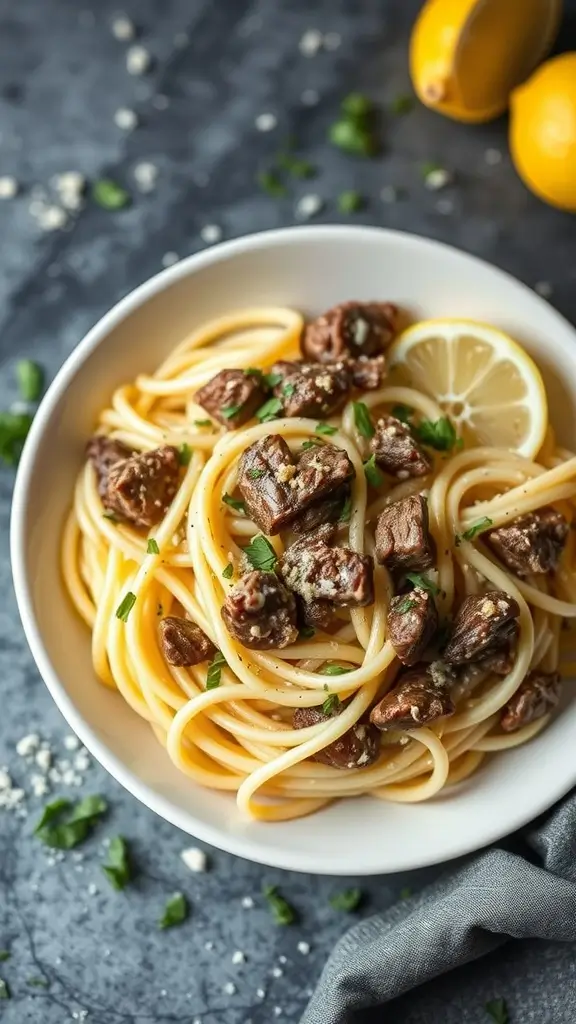 A bowl of Lemon Herb Beef Alfredo pasta with ground beef and fresh herbs.