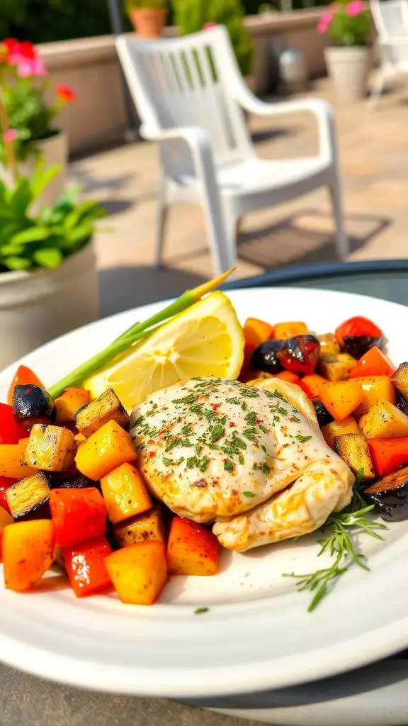 A plate of Lemon Herb Chicken with colorful vegetables