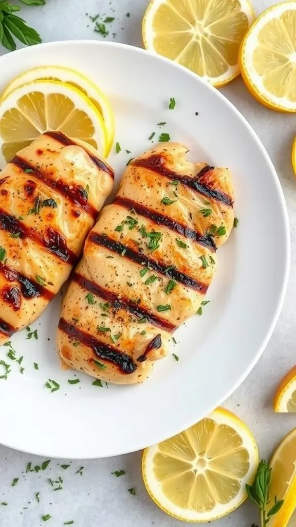 A plate of grilled chicken breast garnished with herbs and lemon slices.