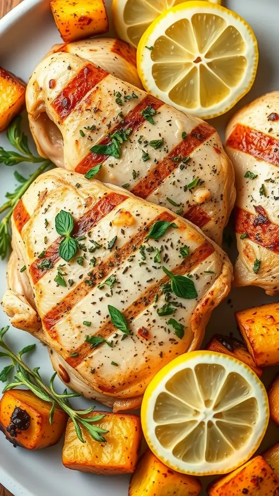 Grilled chicken breast with lemon and herbs served with roasted vegetables.