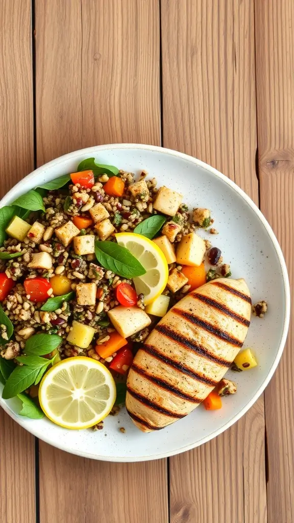 Lemon herb grilled chicken served with quinoa salad and fresh vegetables.