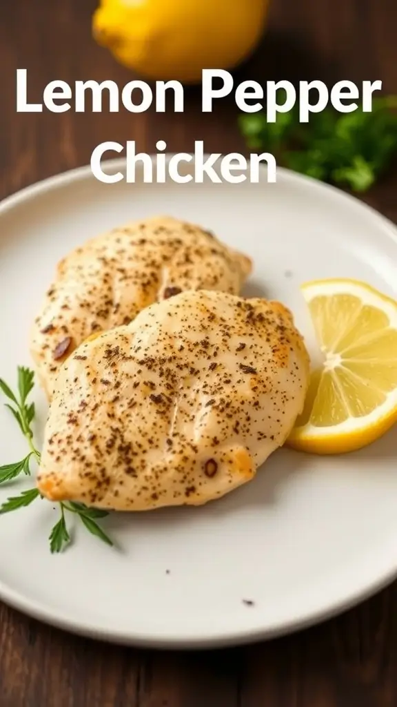 Lemon pepper chicken breast served on a plate with a slice of lemon