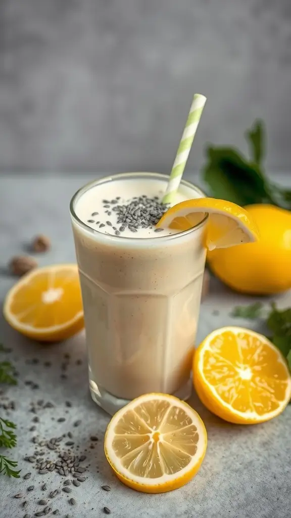 A refreshing lemon poppy seed protein shake garnished with a lemon slice and poppy seeds.