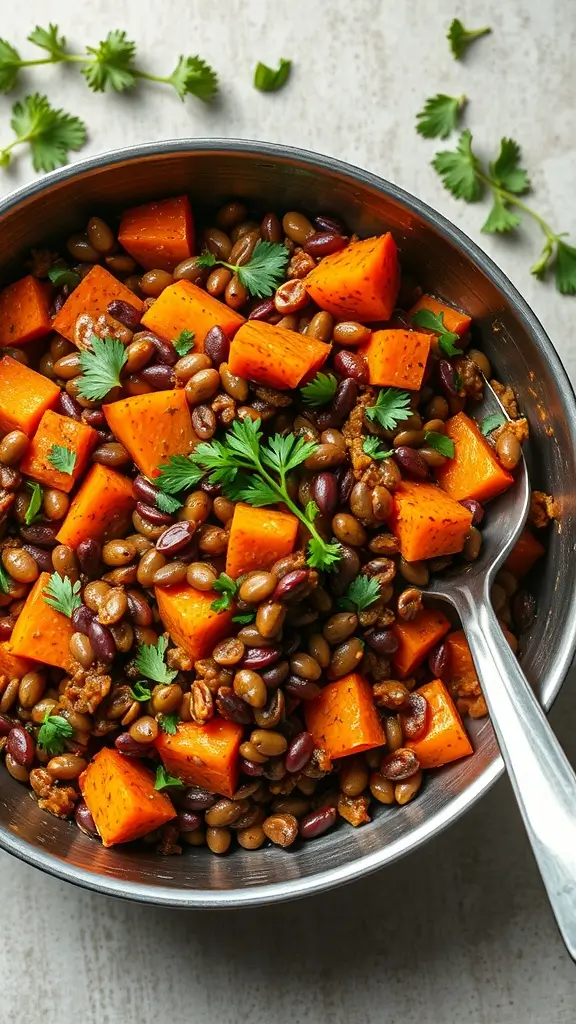 A vibrant bowl of lentil and sweet potato hash, showing colorful diced sweet potatoes, lentils, and garnished with fresh cilantro.