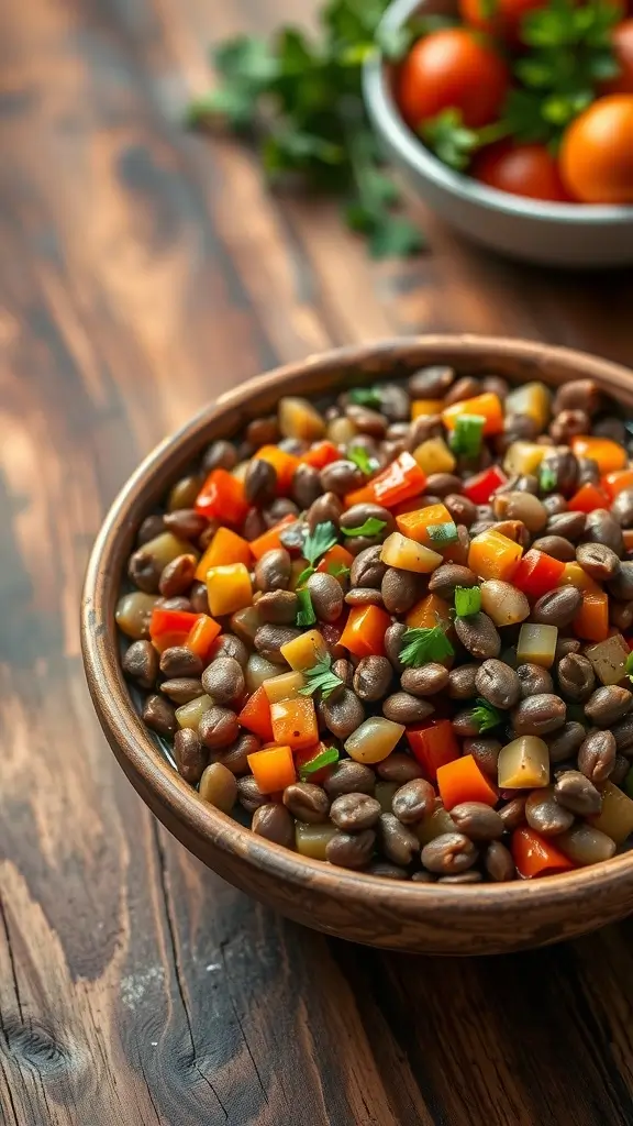A bowl filled with lentils and colorful diced vegetables.