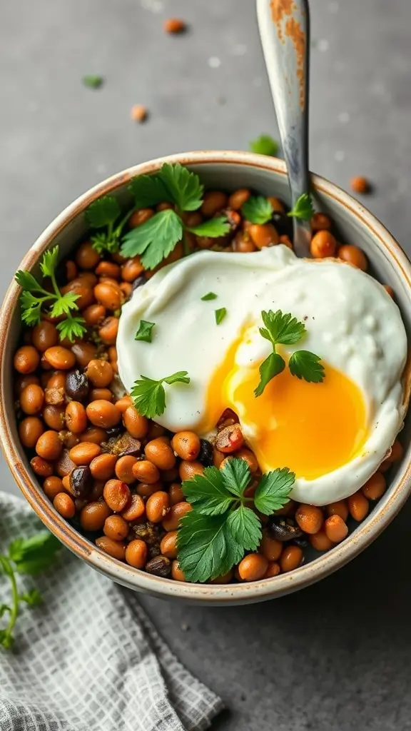 A delicious lentil breakfast bowl with a poached egg on top, garnished with fresh herbs.