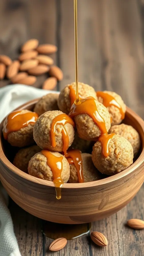 A bowl filled with maple almond peanut butter balls topped with a drizzle of maple syrup.