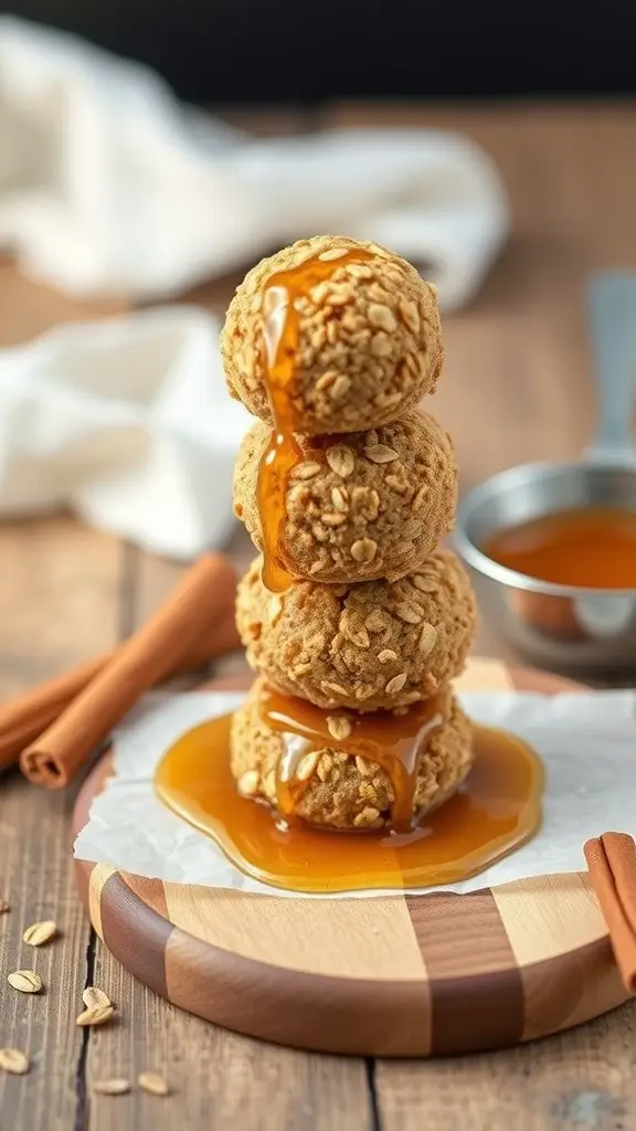 A stack of maple cinnamon oatmeal balls drizzled with syrup