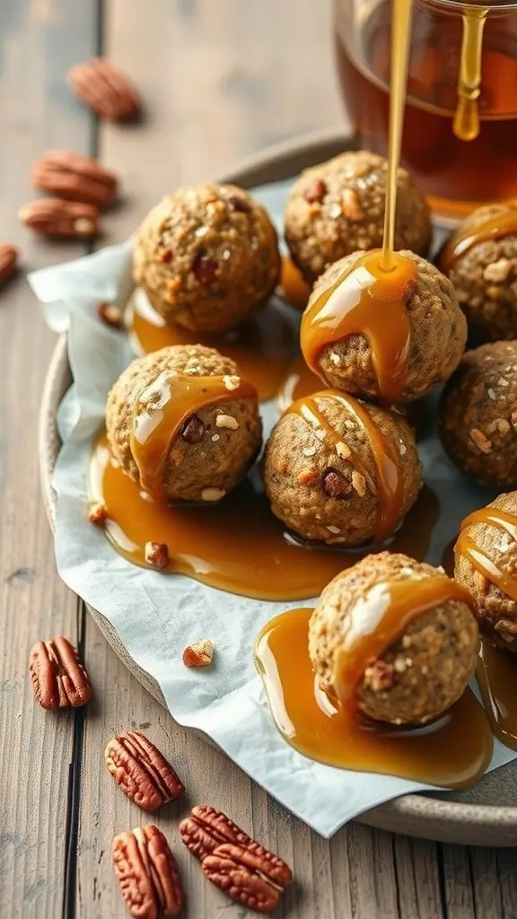 Maple Pecan Protein Balls drizzled with syrup